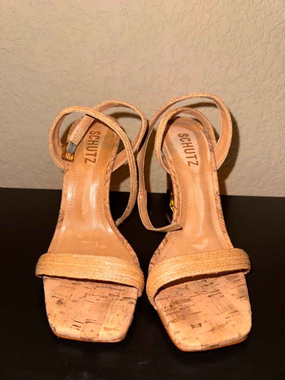 SCHUTZ Tan Cork Strap Heeled Sandals